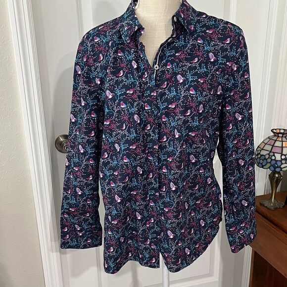 Talbots Tops - Talbots Festive Cardinals Navy Purple &Pink Bird Print Blouse Striped Cuffs XLP